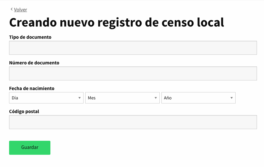 Formulario para crear un registro rellenando el tipo de documento, el número de documento, la fecha de nacimiento y el código postal