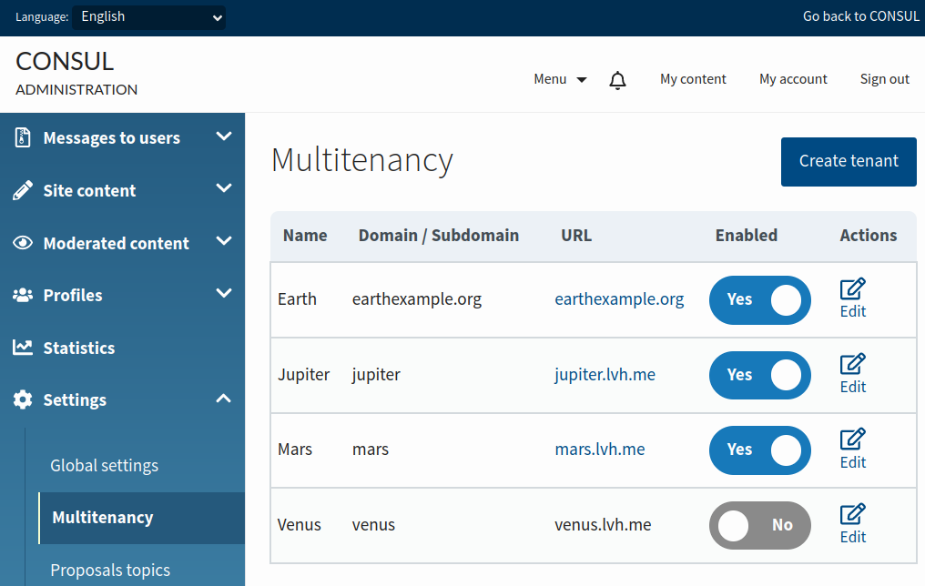 New section with the list of tenants, with their name and domain or subdomain