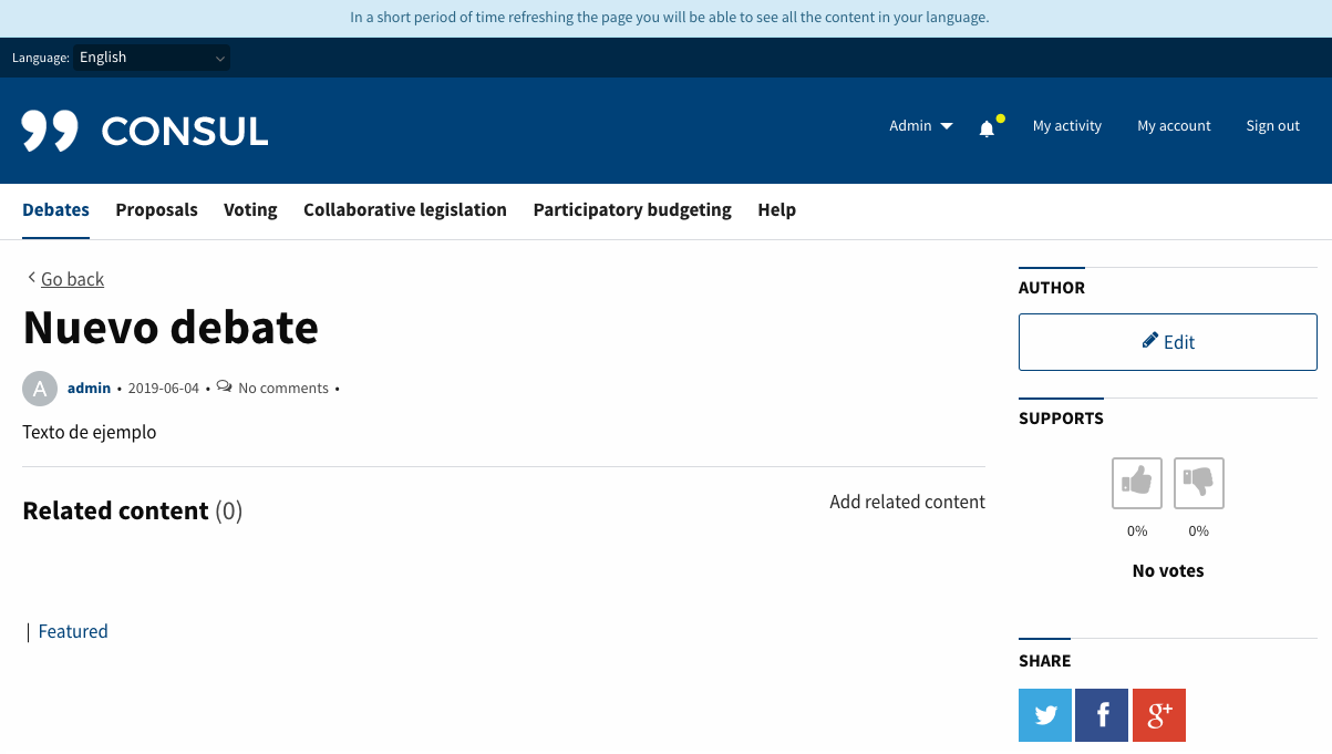 Display text explaining that translations are pending