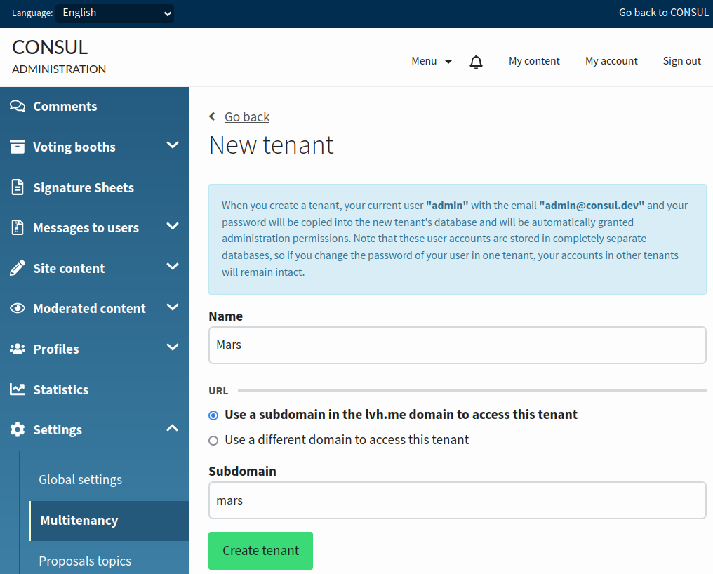 Form to edit a tenant, with name and domain or subdomain fields; radio buttons are used to choose domain or subdomain