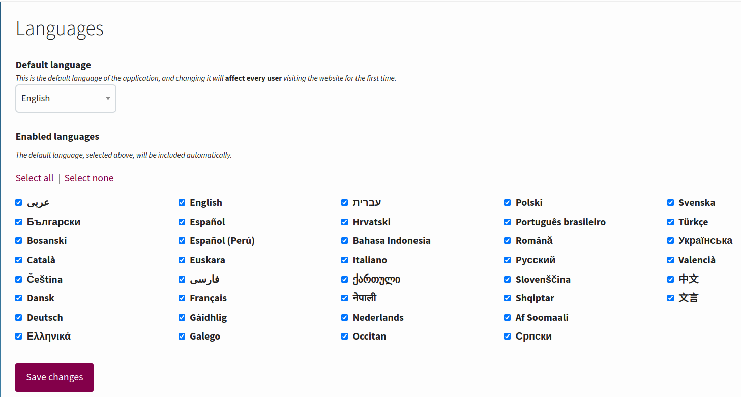 Form with a select control for the default language and a list of checkboxes to choose which ones to enable