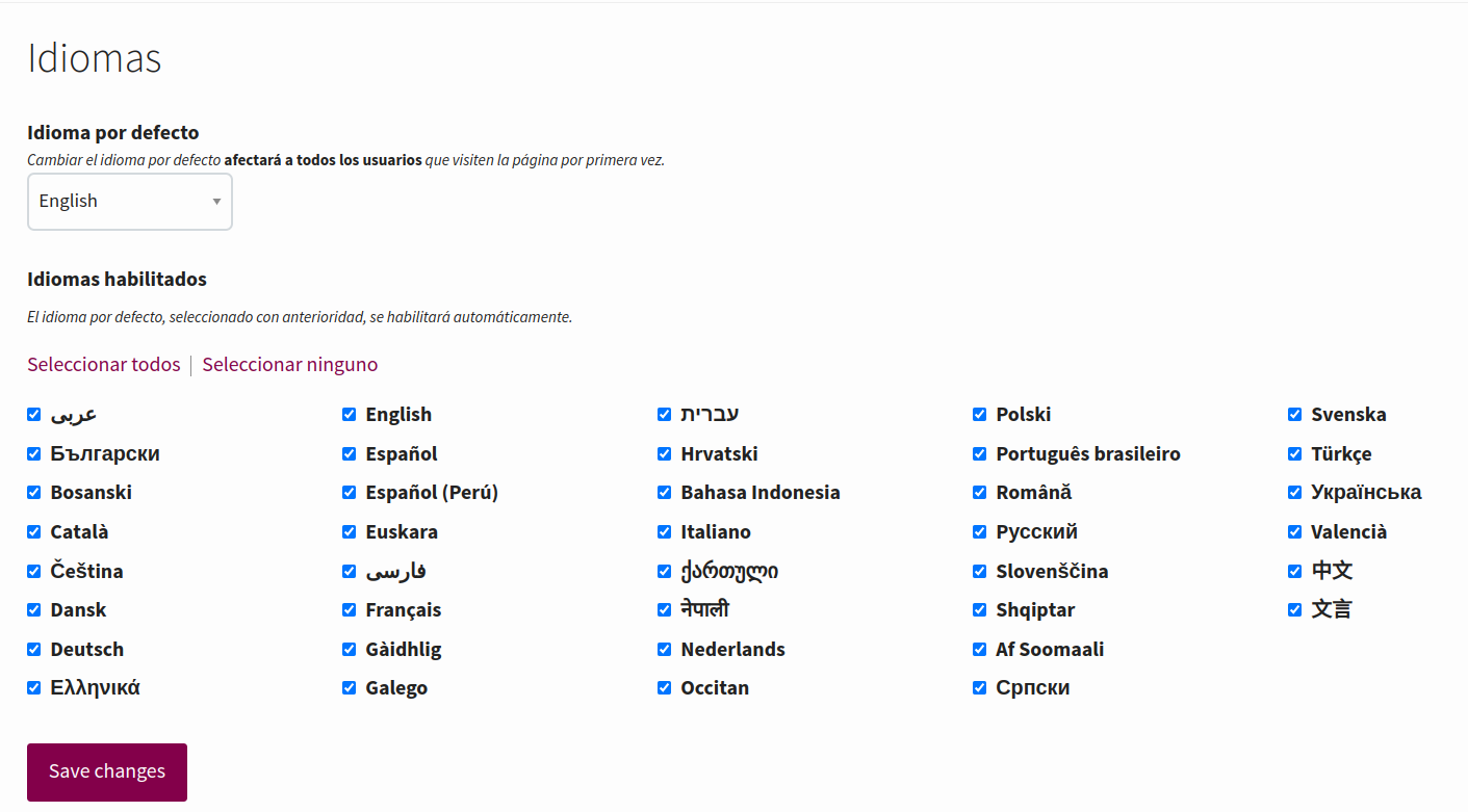 Formulario con un selector para el idioma por defecto y una lista de casillas para seleccionar qué idiomas habilitar