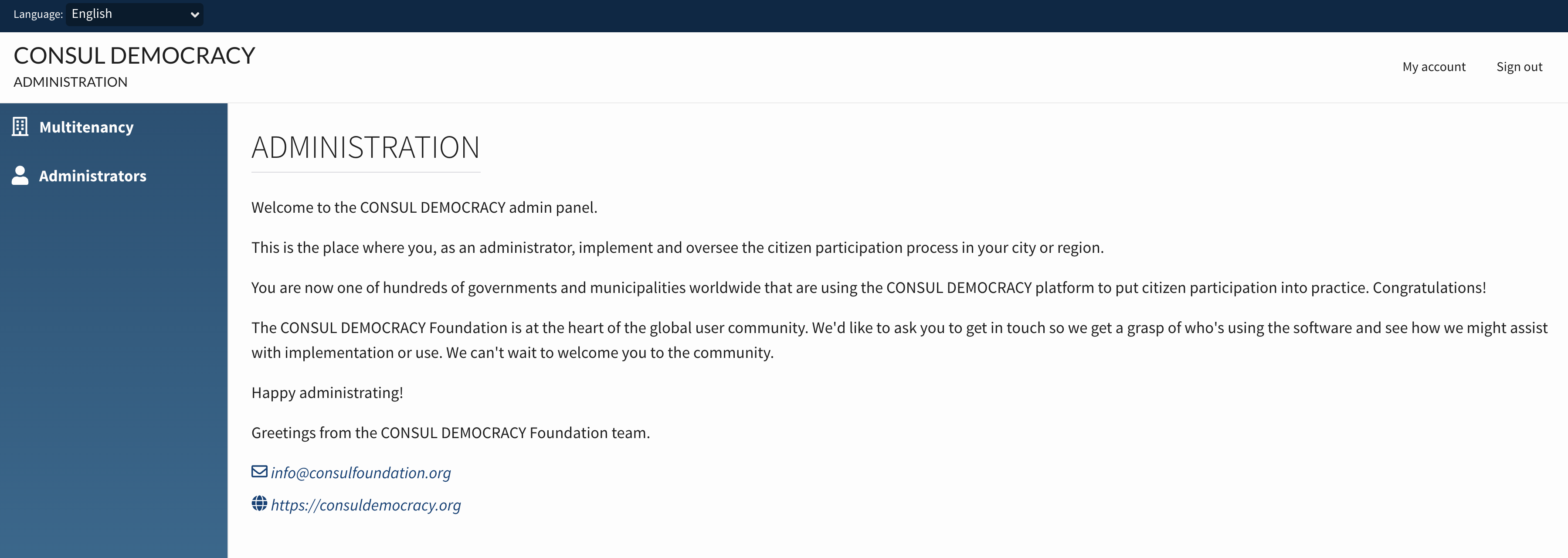 The administration panel only contains links to multitenancy and administrators
