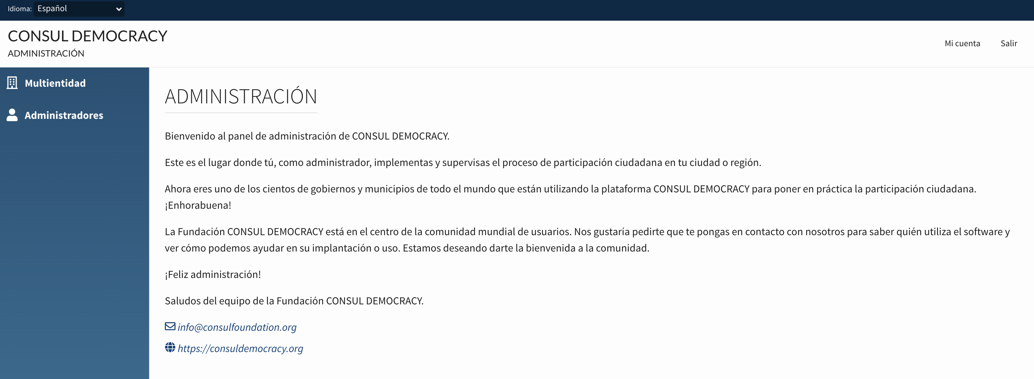 El panel de administración sólo contiene enlaces a multientidad y administradores