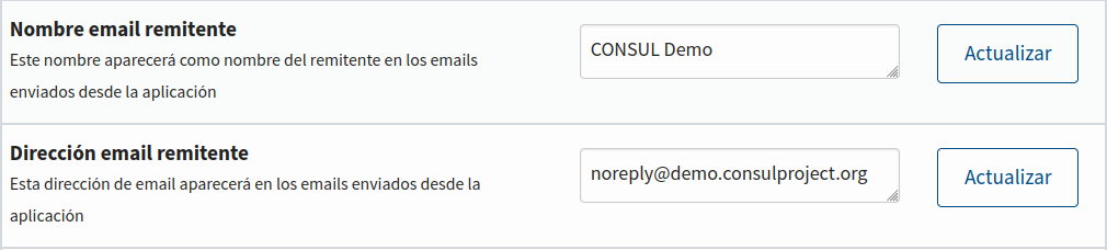 Campos para editar el nombre y la dirección del remitente