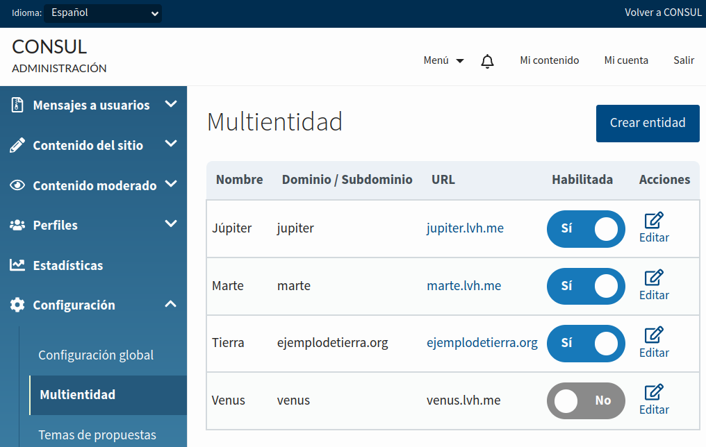 Nueva sección con el listado de entidades, con su nombre y dominio o subdominio